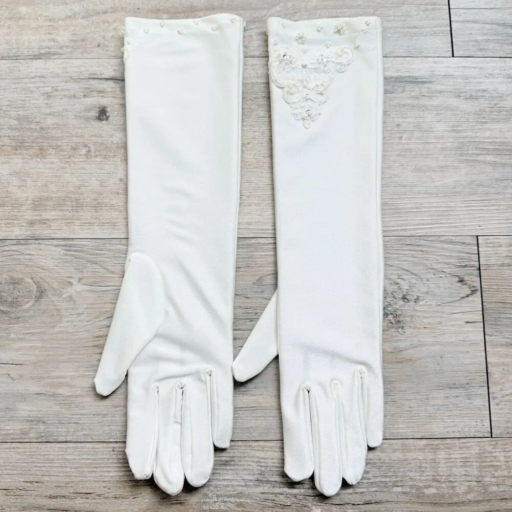 Vintage Bridal Gloves Ivory Beaded Lace Wedding Gloves Long Formal Opera Gloves